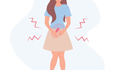 Illustration of a young woman with bladder issues related to MS