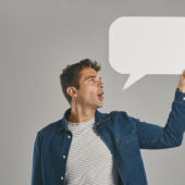 Image is of a man with a big speech bubble