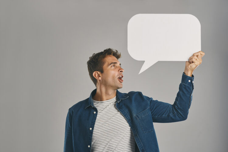 Image is of a man with a big speech bubble